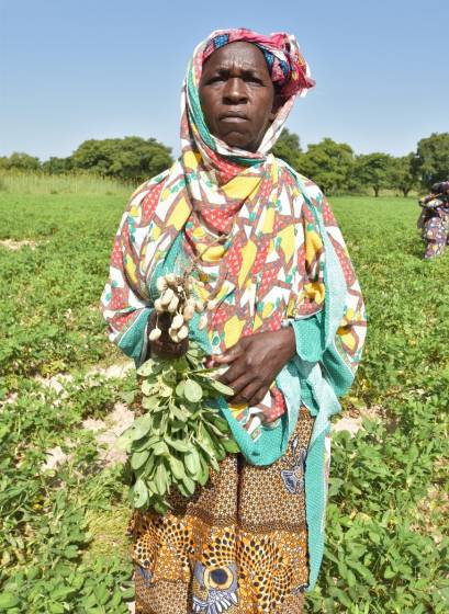 Kiné Sogoba stands in her groundnut field in Dacoumani, Mali