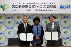 Signing of　MOU (right: JIRCAS President Dr. Koyama, left: SAA President  Dr. Kitanaka, center: SAA Chair Prof. Ruth Onyango) Place: JIRCAS, Tsukuba