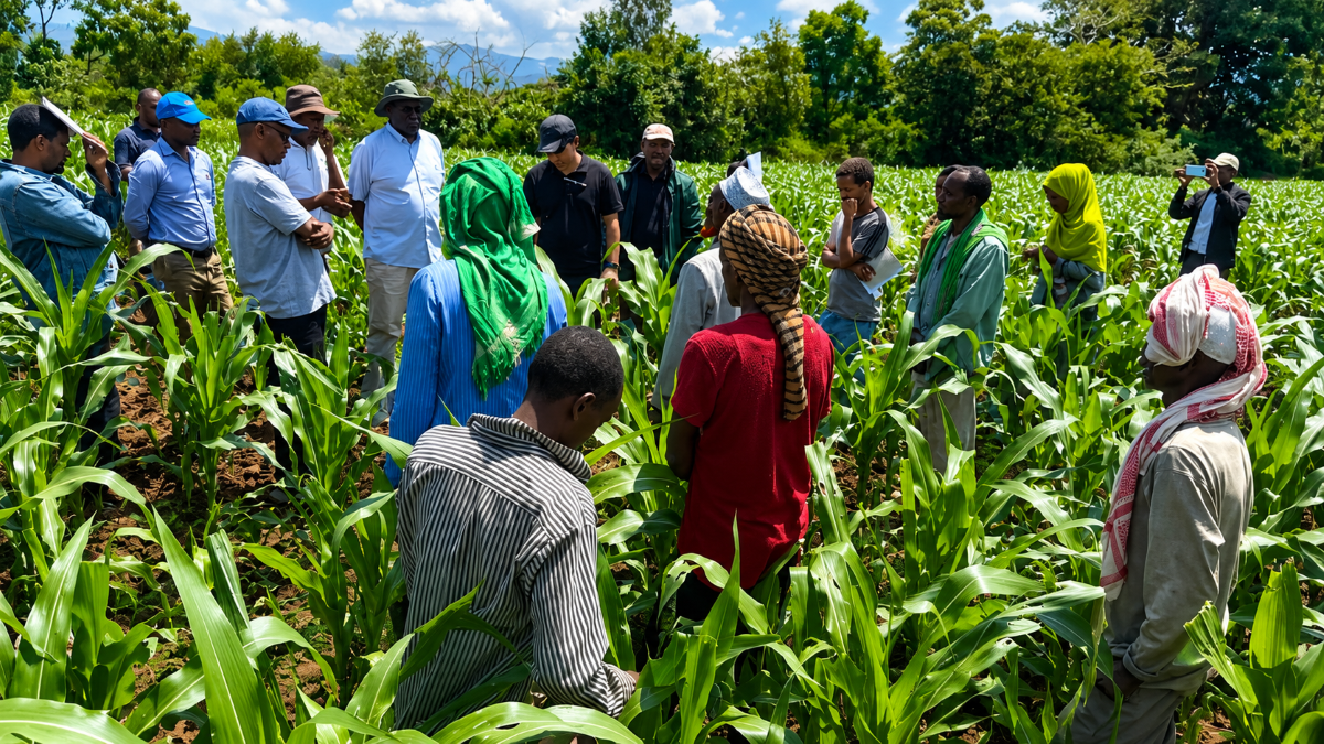 The AfDB delegation interacts with farmers at a regenerative agriculture maize learning cluster